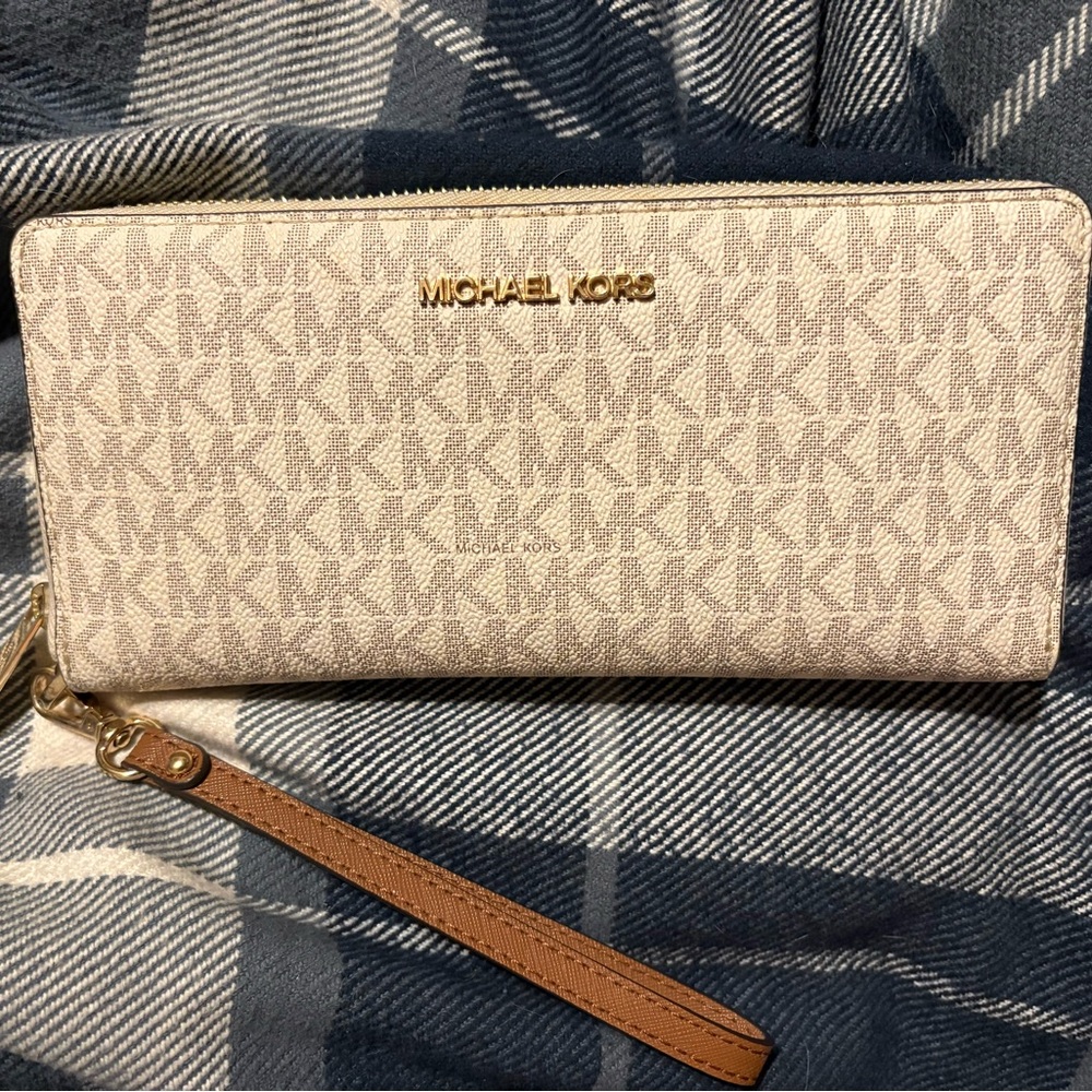 Michael Kors Cream Monogram Zip Wristlet with Tan Strap